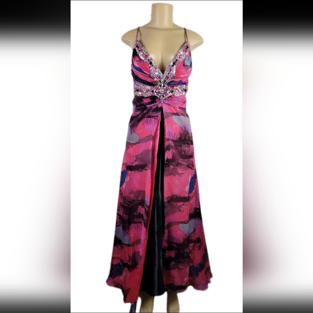 Sz 0 Atelier Alyce Satin Rouge Collection Pink 100% Silk Embellished Dress Artsy